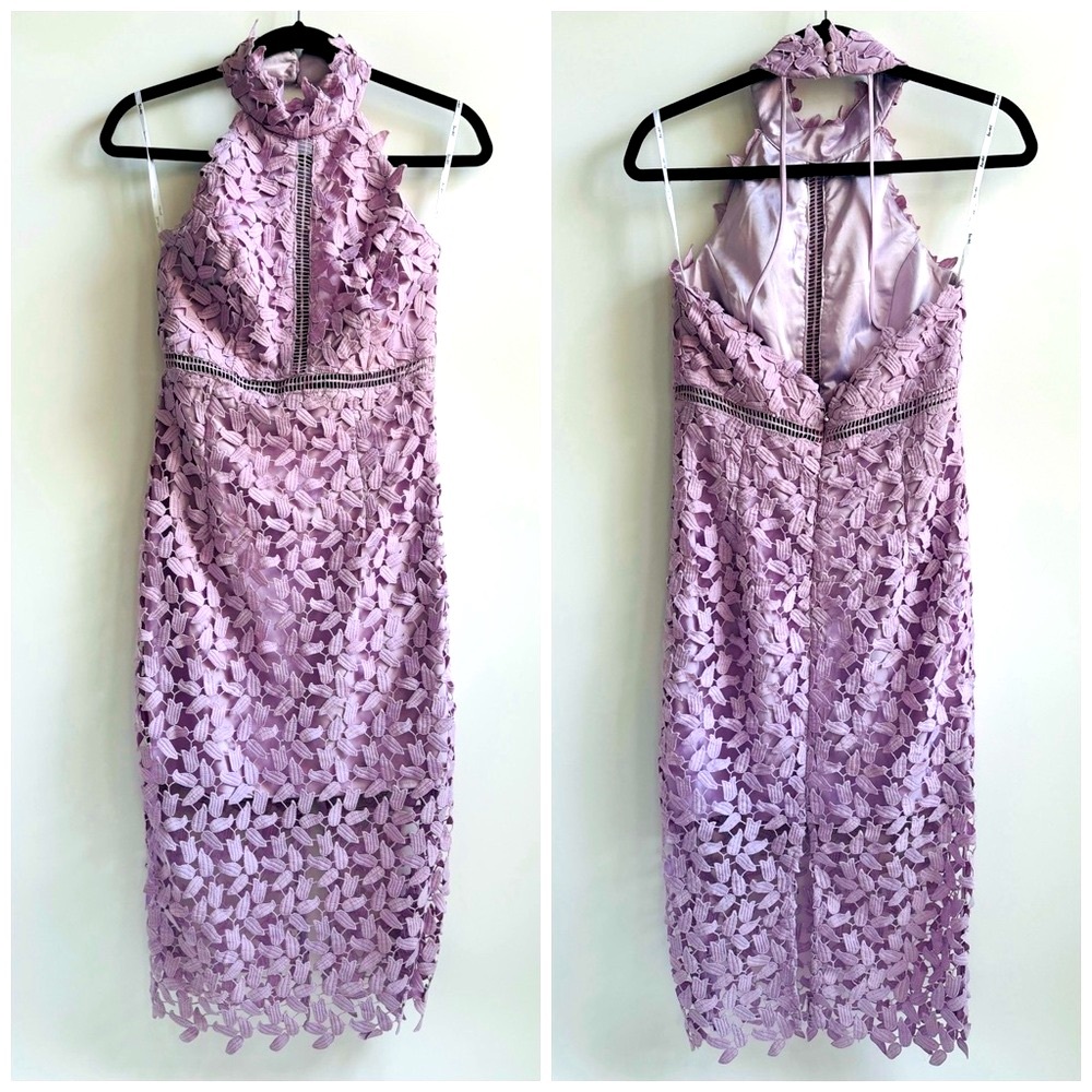 Bardot Gemma Halter Lace Sheath Midi Dress in Orchid Purple Size 6